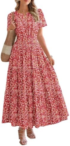BTFBM Womens Summer Floral Maxi Dresses V Neck Short Sleeve Boho Casual Flowy Long Wedding Guest Dress Beach Vacation