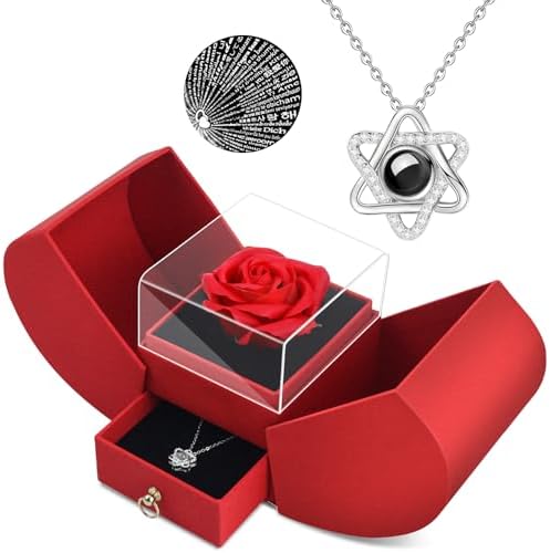 QETRABONE Preserved Red Real Rose Necklace I Love You in 100 Languages – Eternal Flowers Rose, Birthday Gifts for Women Her Mom Wife Girlfriend Grandma on Mothers Valentines Christmas Anniversary