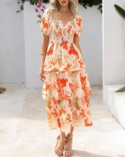 BTFBM Womens Square Neck Smocked Dress Summer Puff Short Sleeve Floral Casual Ruffle Tiered Maxi Wedding Guest Dresses