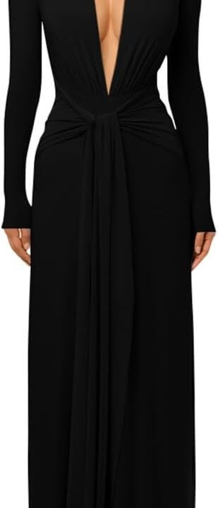 DAAWENXI Women's Sexy Deep V Neck Maxi Dress Long Sleeve Tie Wedding Guest Cocktail Evening Dresses