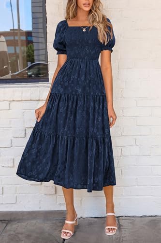 PRETTYGARDEN Womens 2026 Summer Casual Midi Dresses Square Neck Short Sleeve Smocked A Line Floral Flowy Elegant Boho Dress
