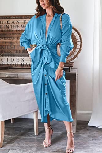 BTFBM Summer Dresses for Women 2026 Long Sleeve Lapel V Neck Button Down Elegant Belted Ruched Satin Shirt Spring Dress