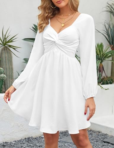 Florboom Womens Sweetheart Knot Front Dress Lantern Long Sleeve Smocked Back A-Line Chiffon Mini Dresses
