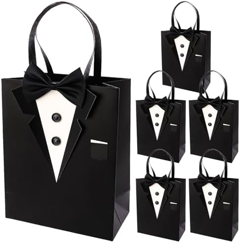Crisky 6 Pack Classic Black 3D Tuxedo Gift Bags Real Bow Tie, Buttons for Groomsman Fathers Birthday Anniversary Wedding Favor 10 x8 x4