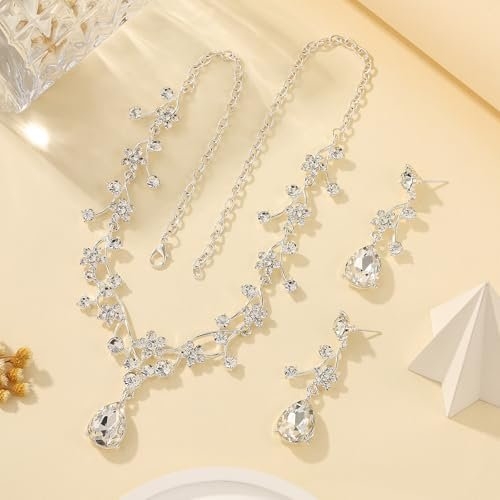 Floral Jewelry Set for WomenWedding Jewelry Sets For Brides With Crystal Necklace & Earrings for Brides and Bridesmaids