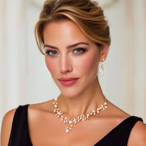 Unicra Pearl Jewelry Set Gold Prom Formal Necklace Earrings Bracelet Sets Rhinestone Bridal Wedding Jewelry Sets for Women and Brides