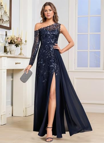 One Shoulder Mother of The Bride Dresses with Slit for Wedding Lace Appliques Chiffon Formal Dress He6077