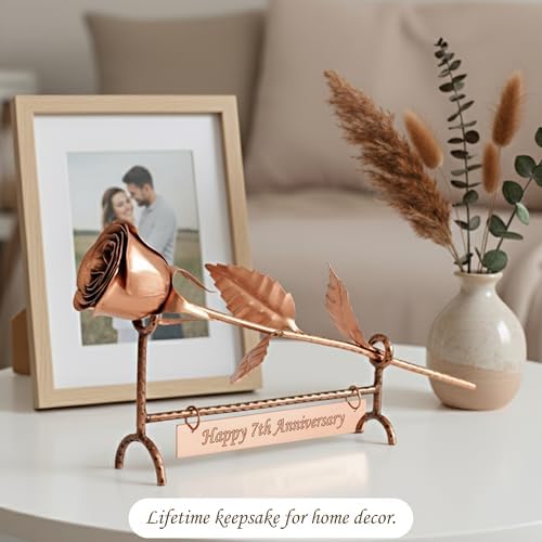 Copper Rose with Stand & Engraved Plate Happy 7th Anniversary – 7th Wedding Anniversary Decor for Wife, Him or Her – Traditional Copper Gift Keepsake