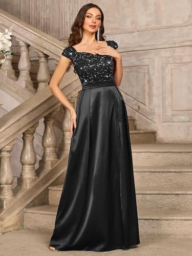 Miusol Womens Elegant V-Neck Sequin Lace Contrast Satin Split Bridesmaid Maxi Dress