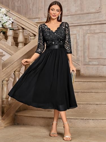 Miusol Womens Elegant V Neck Sequin Lace Sleeve Bridesmaid Party A-line Dress
