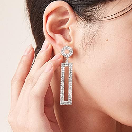 Rhinestone Long Drop Earrings Statement Rectangle Dangle with Circle Studs Fashion Jewelry