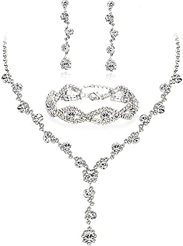 YANODA Rhinestone Bridal Jewelry Sets for Women Crystal Necklace Earrings Bracelet Jewelry Sets for Wedding Bridal Bridesmaid Gifts Evening Party Prom Jewelry Set