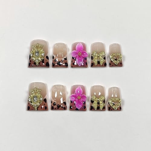 TENPAL Duckbill Nails,Brown Leopard French Tips Press on Nails with Kit,Soft Gel Fake Nails with 3D Charms Hearts Bows Flowers,Metallic Edgy Punk Y2K False Nail with Rhinestone for Winter Fall(S)