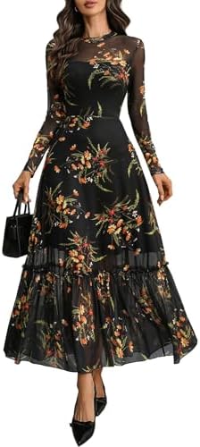 GothDark Womens Floral Mesh Dress Long Sleeve Round Neck A Line Gothic Vintage Casual Wedding Guest Maxi Dresses