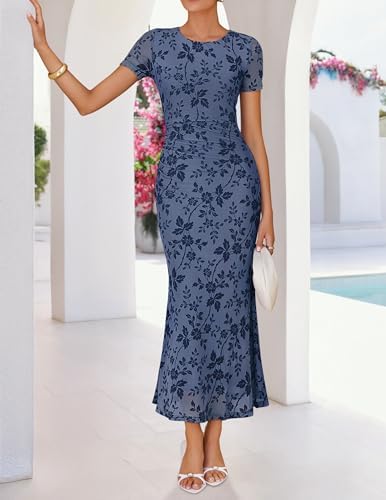 ZESICA Womens Summer Short Sleeve Floral Bodycon Dress 2026 Ruched Mesh Wedding Guest Cocktail Party Maxi Dresses