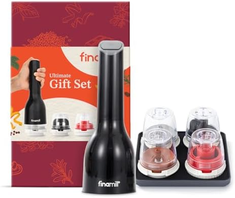 FinaMill Ultimate Gift Set Battery Operated Spice Mill with 4 Interchangeable Spice Pods & Slate Quartet Stackable Tray, Adjustable Coarseness, Ceramic Grinder, LED Light, Kitchen Gifts for Women