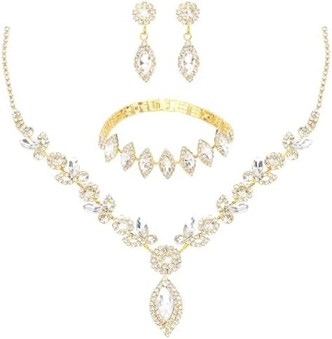 yuxiaoyu Bridal Jewelry Set for Wedding Prom Jewelry Set for Women Sparkly Rhinestone Necklace Earrings Bracelet Sets for Bride Bridesmaid Quinceanera Costume Accessories