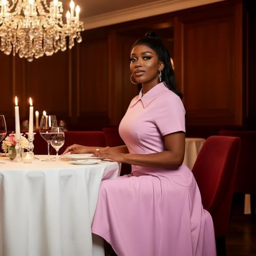 Voghtic Womens Collared Short Sleeve Midi Dress: Ruched Waist Asymmetrical Hem Elegant Casual Work Dress