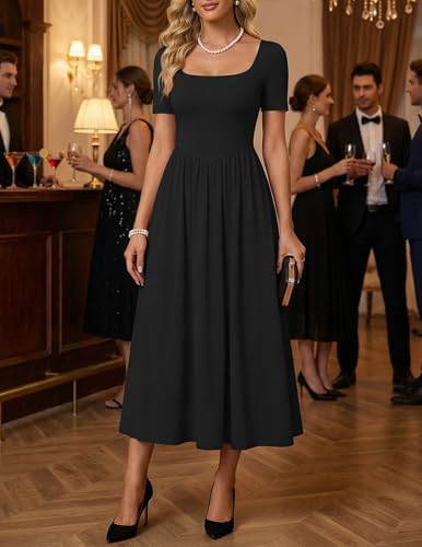 ZESICA Summer Dresses for Women 2026 Elegant Classy Square Neck Short Sleeve Flowy Cocktail Party Midi Dress