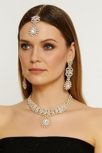 Touchstone Indian jewelry sets for women wedding gold kundan necklace traditional earrings tikka bollywood party style white crystal rhinestone guest gift bridal costume prom dainty accessories