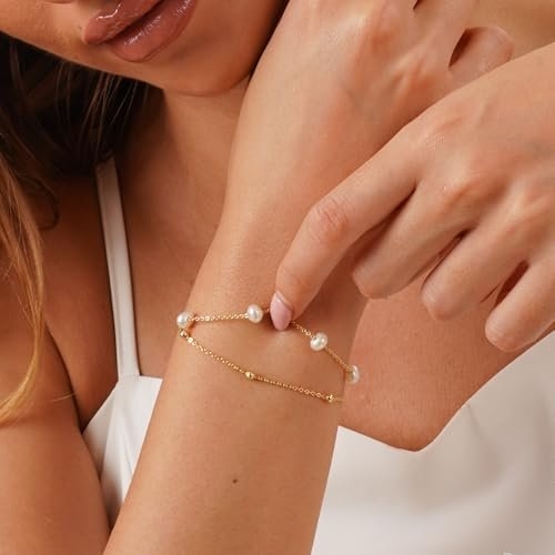 NECOCY 14K Gold Plated Pearl Bracelets for Women, Dainty Bracelets Stack Trendy Pearls Beaded Link Chain Charm Bracelets Set Layered Non Tarnish Tiny Cute Jewelry for Women