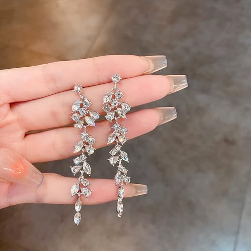 Shiny Silver Cubic Zirconia Tassel Earrings for Women, Sparkling Rhinestone Wedding Bridal Bridesmaid Drop Dangle Earrings Funky Preppy Aesthetic Jewelry