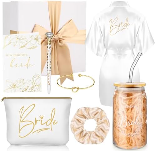 Irenare 8 Pcs Bride Gifts Set for Bridal Shower Bachelorette Party Robe Cup Makeup Bag Bracelet Scrunchies Card Pen Gift Box(White)