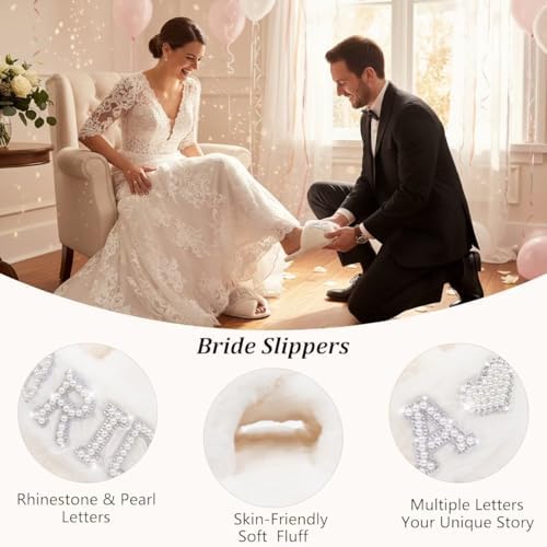 MAIITRIP Personalized Bride Slippers for Bride to Be | Plush,Non-Slip & Custom Initial A-Z with Pearl Rhinestones | Personalized Gift for Bridal Shower,Bachelorette,Honeymoon & Wedding