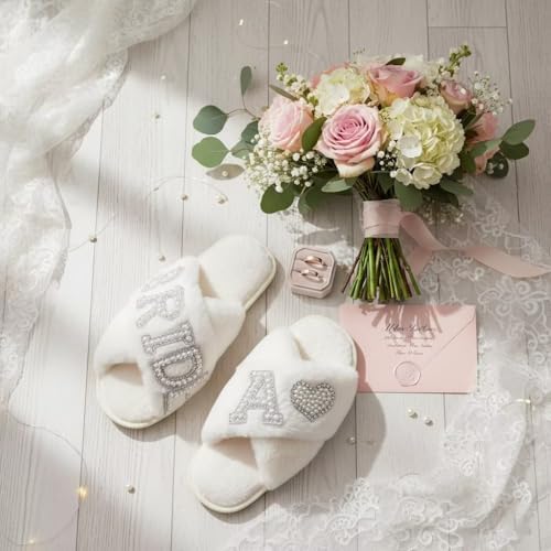 MAIITRIP Personalized Bride Slippers for Bride to Be | Plush,Non-Slip & Custom Initial A-Z with Pearl Rhinestones | Personalized Gift for Bridal Shower,Bachelorette,Honeymoon & Wedding
