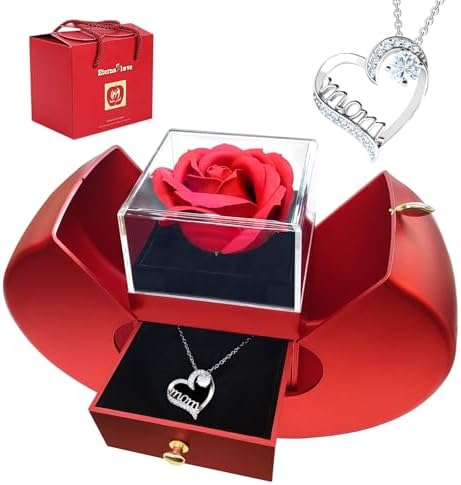 Preserved Red Rose with Necklace Romantic Gift for Mom, Grandma, Friends – Birthday, Anniversary Keepsake