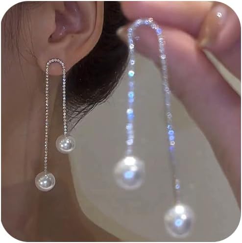 Long Tassel Pearl Dangle Earrings Dainty Rhinestone Tassel Earrings Pearl Drop Earrings Hypoallergenic Elegant Wedding Party Bridal Jewelry Gift for Women