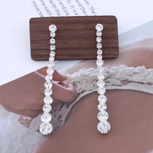 Wedding Long Rhinestone Earrings Silver Crystal Dangle Earring Dainty Diamond Cubic Zirconia Bridal Drop Sparkly Tassel Cz Brides Stud Simple Shiny Statement Formal Bridesmaid Party Prom Jewelry Women