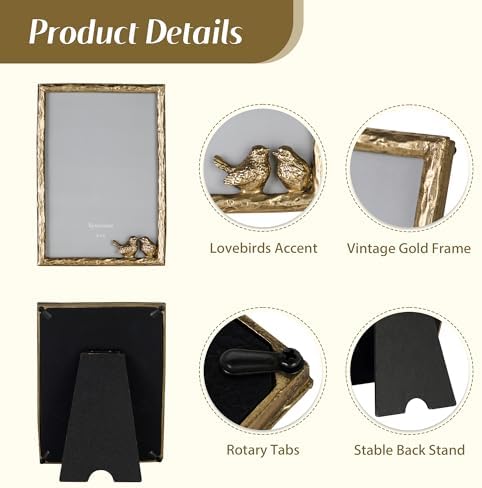 Synovana Romantic Aged Gold 4×6 Picture Frame with Lovebirds Vintage-Style Metal Photo Frame for Cherished Memories and Meaningful Gifts