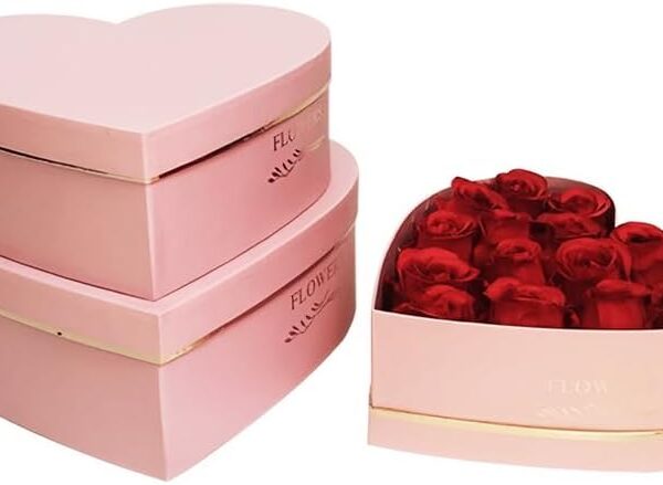 BBJ WRAPS Heart Shaped Flower Boxes with Gilding Design Floral Gift Box for Luxury Flower Arrangements Florist Supplies on Valentine's, Mothers Day, Birthday, Party, 3 Sizes/Set (Pink)