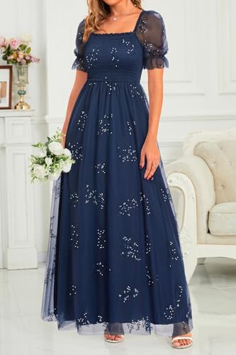 Plus Size Formal Dresses – Bridesmaid Leaf Embroidery with Sequin Tulle Prom Long Dress
