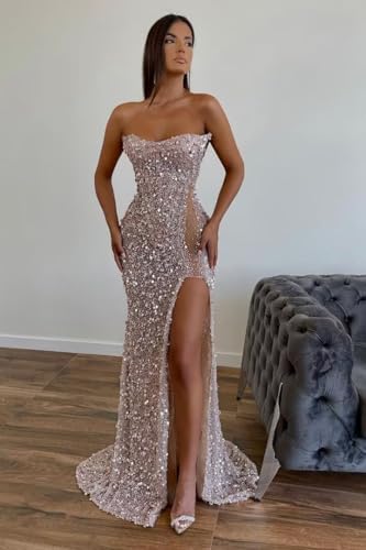 Strapless Prom Dresses 2025 Mermaid Sequin Sparkly Beaded Long Tube Sexy Sheer Sheath Evening Formal Party Dresses with Slit