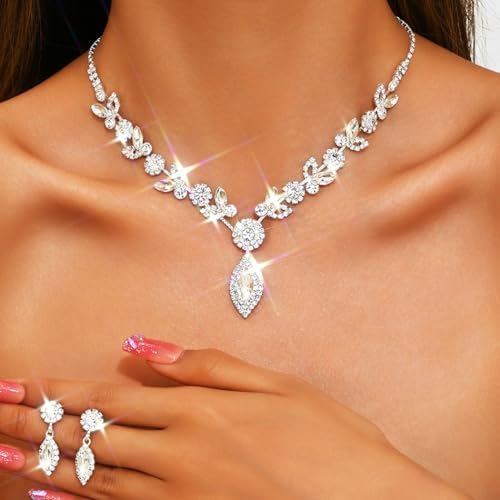TWINKLEDE Wedding Jewelry Sets for Women Silver Bridal Rhinestone Necklaces and Earring for Brides