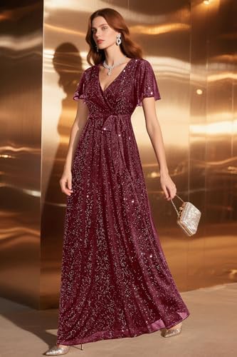 Pinup Fashion Formal Gowns and Evening Dresses – Glitter Prom V Neck Flutter Sleeve A-line Long Dress with Belt