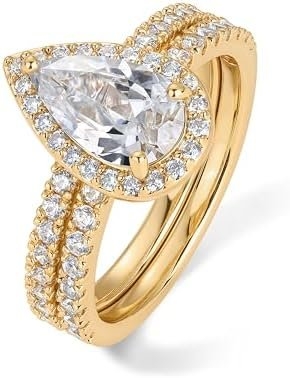 PAVOI 14K Gold Plated 1.7CT Pear Cubic Zirconia Eternity Engagement Ring Promise Ring Set for Women – Hidden Halo