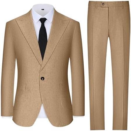 Mens Linen Suit Slim Fit 2 Piece Summer Beach Wedding Suits Peak Lapel Casual Blazer Pants Set for Prom Tuxedo