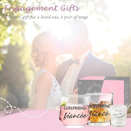 Engagement Gifts for Couples, 10 oz Whiskey and 12 oz Wine Glass Set, Newly Engaged Fiancee & Fiance Gifts for Women, Fade-Resistant, Beautiful Packaging, Proposal Decorations & She Said Yes Present