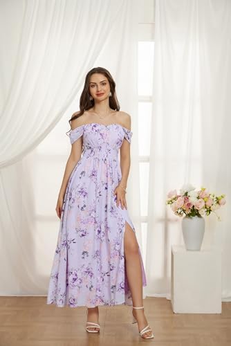 GRACE KARIN 2025 Womens Summer Floral Print Flowy A Line Maxi Dresses Sleeveless Smocked Off Shoulder Dress