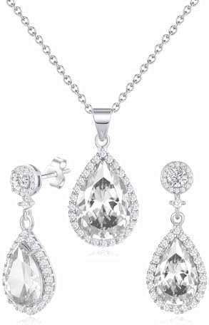 Jewelry Sets For Women 925 Sterling Silver Post Teardrop Dangle Stud Earrings Necklace Set Crystal Rhinestone Wedding Prom Costume Jewelry for Women