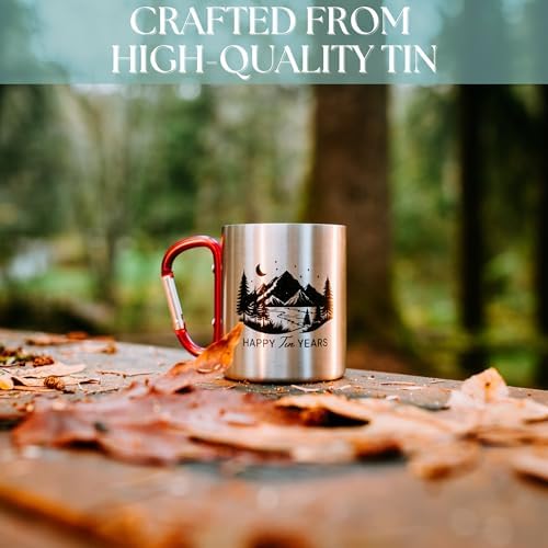 10 Year Anniversary Tin Gifts for Him Tin Anniversary for Husband – 8oz Aluminum Mug with Carabiner Handle 10th Anniversary for Couple (Red)