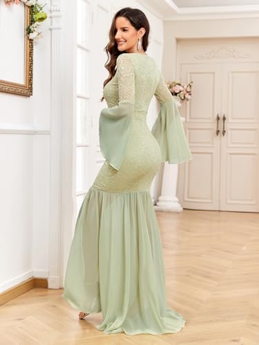 Maternity Dress Baby Shower Long Bell Sleeve Floral Lace Contrast Chiffon V-Neck Mermaid Pregnancy Photoshoot Gown