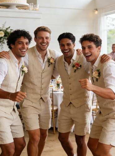 Mens Linen 2 Piece Suit Slim Fit Wedding Groom Groomsmen Summer Vest Shorts Set