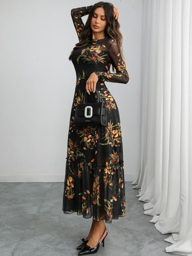 GothDark Womens Floral Mesh Dress Long Sleeve Round Neck A Line Gothic Vintage Casual Wedding Guest Maxi Dresses
