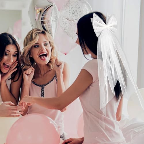 Bride to Be Embroidered Hair Bow Veil for Bachelorette Party Bridal Shower Tulle Pearl 2 Tier Bow Veil Engagement Accessory Bride Gift Velos De Novia (Style A)