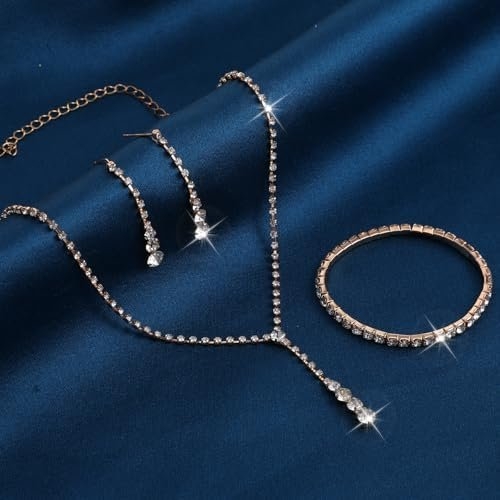 Gold Wedding Jewelry Sets for Women Gold Rhinestone Necklace Earrings Bracelet Bridesmaid Bridal Necklace for Wedding Costume Accessories for Women