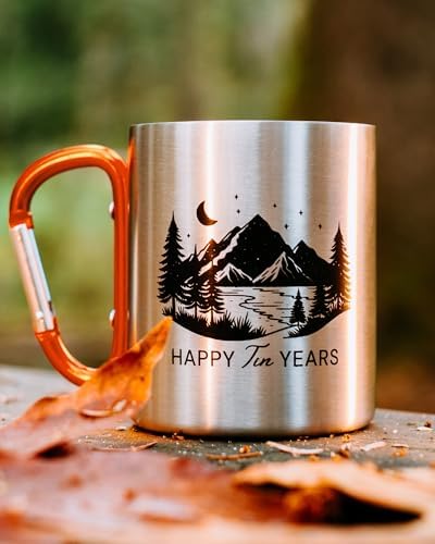 10 Year Anniversary Tin Gifts for Him Tin Anniversary for Husband – 8oz Aluminum Mug with Carabiner Handle 10th Anniversary for Couple (Orange)